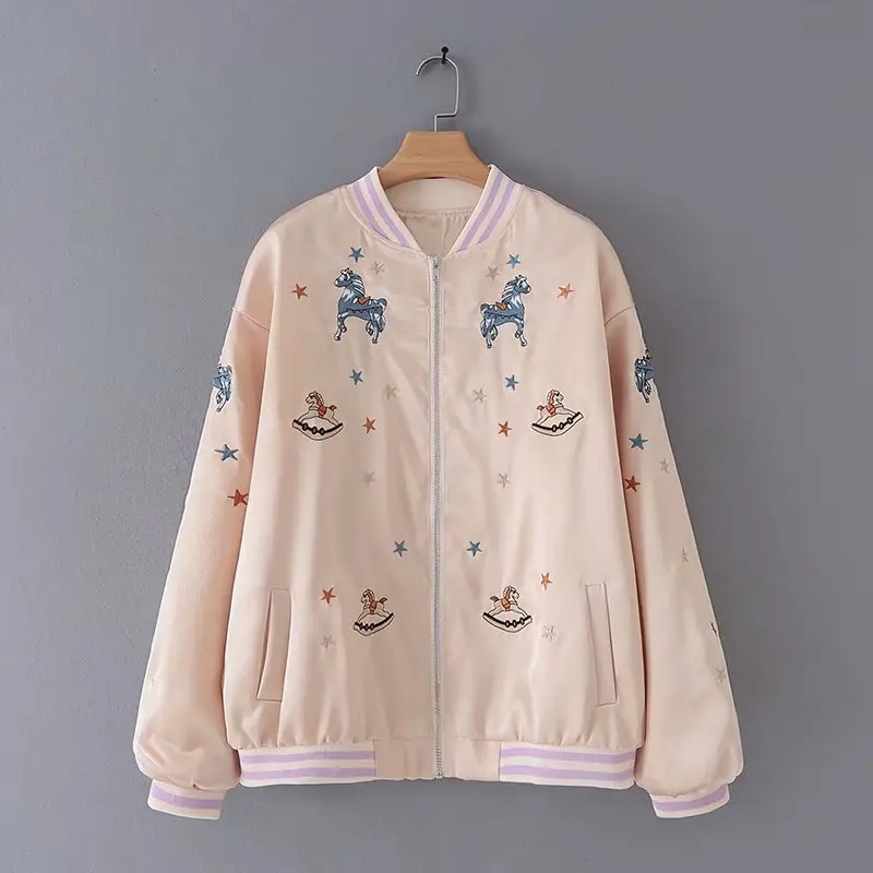 

Yd-8904 Europe And America Autumn New Style Fashion Cartoon Embroidery Loose-Fit Long Sleeve Jacket 2-Color Embroidered Zip-up J
