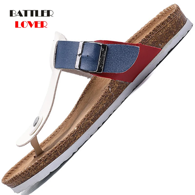 Flip Flops Men Cow Suede Leather Unisex Shoes Soft Cork Beach Slippers Men Summer Slippers Outdoor Slippers Men Non-slip Sandals