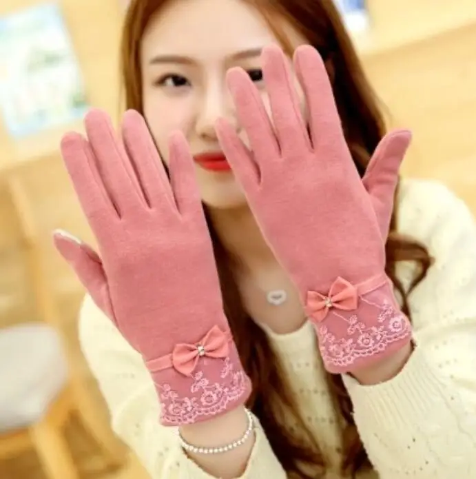 New Bow Pink YRRETY, женские кашемировые перчатки для улицы, Осень-зима, женские теплые перевернутые рукавицы, хлопковые перчатки на запястье, однотонные женские шерстяные перчатки - Цвет: New Bow Pink