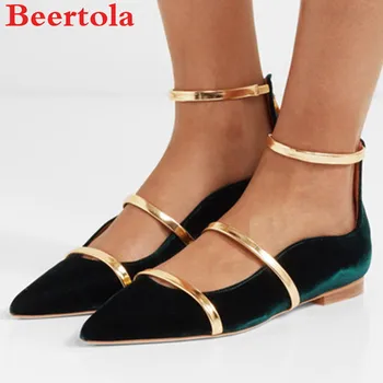 

Flock Women's Flats 3Gold Band Casual Shoes Women Pointed Toe Zip Flats Shoes Autumn Concise Blue Green European Chaussure Femme