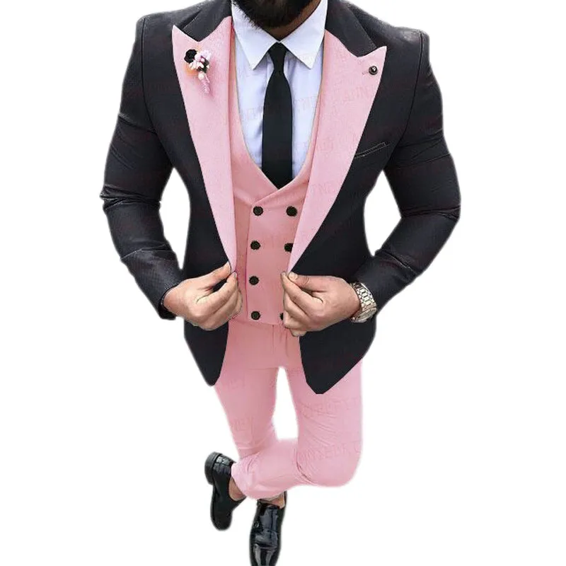 

Pink Caual Men Suits with Black Jacket 3 Piece Wedding Groomsmen Tuxedo New Male Fashion Costume Double Breasted Vest Pants
