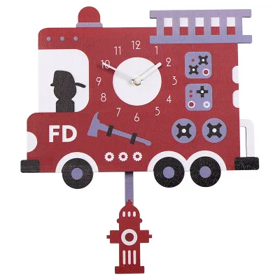 Fire Truck Симпатичные Мультяшные маятниковые настенные часы современный дизайн Настенная Наклейка для детской комнаты детские деревянные часы с хвостом качели настенные домашние декоративные часы - Цвет: Fire Truck