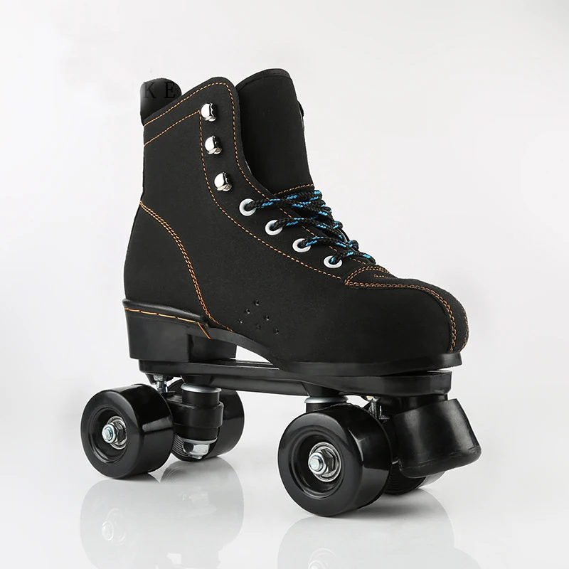 Дети унисекс двойной линии ПУ кожа Крытый Quad параллельная обувь для скейтборда сапоги 4 PU колеса черные с тормозом дышащие