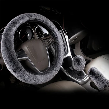 

3Pcs Universal Steering-wheel Plush Car Steering Wheel Covers Winter Faux fur Hand Brake Gear Cover Set Car Interior Accessories