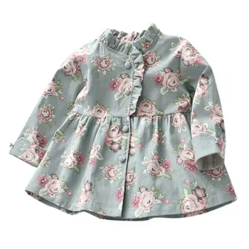 

Autumn Baby Girls Casual Dress Floral Print Long Sleeve Design Button Princess Dresses