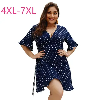 

2020 summer plus size dress for women large short sleeve slim casual dot low-cut V neck dresses belt blue red 4XL 5XL 6XL 7XL