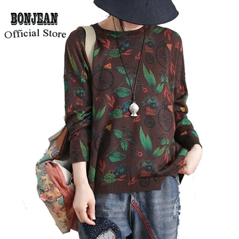 

Women Sweater Pullover Outwear Knit Tops Big Loose Oversized for Spring Autumn Leaves Print Retro Vintage Fashion AZ57183822