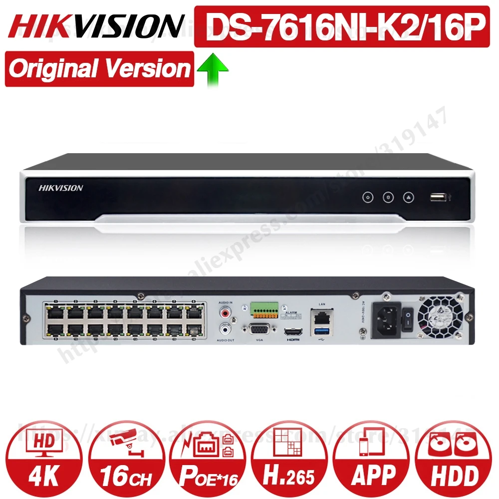 HIK POE NVR DS-7616NI-K2/16 P 16CH H.265 12mp POE NVR для поддержки ip-камеры двухстороннее аудио HIK-CONNECT
