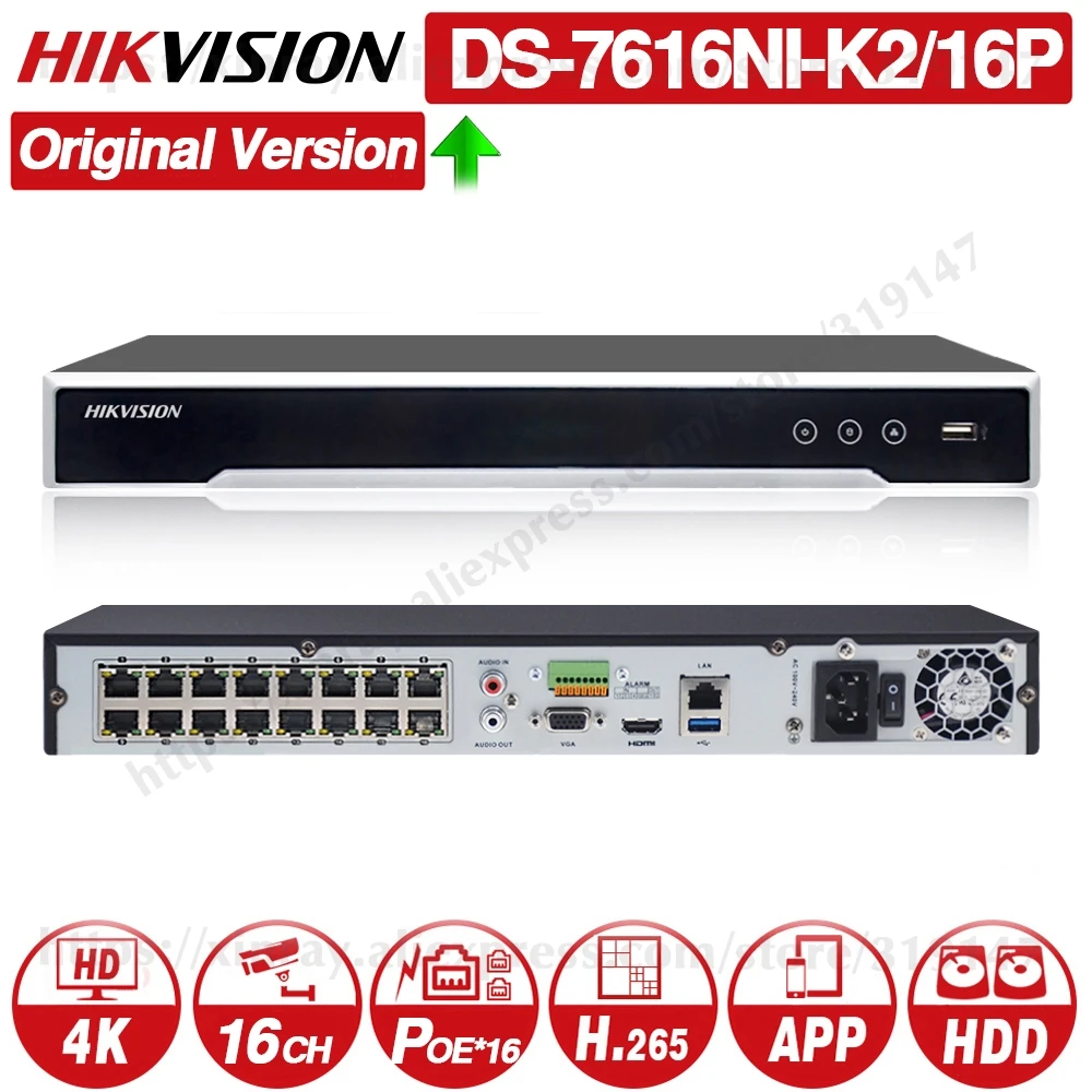 HIK POE NVR DS-7616NI-K2/16 P 16CH H.265 12mp POE NVR для ip-камеры поддержка двухстороннего аудио HIK-CONNECT