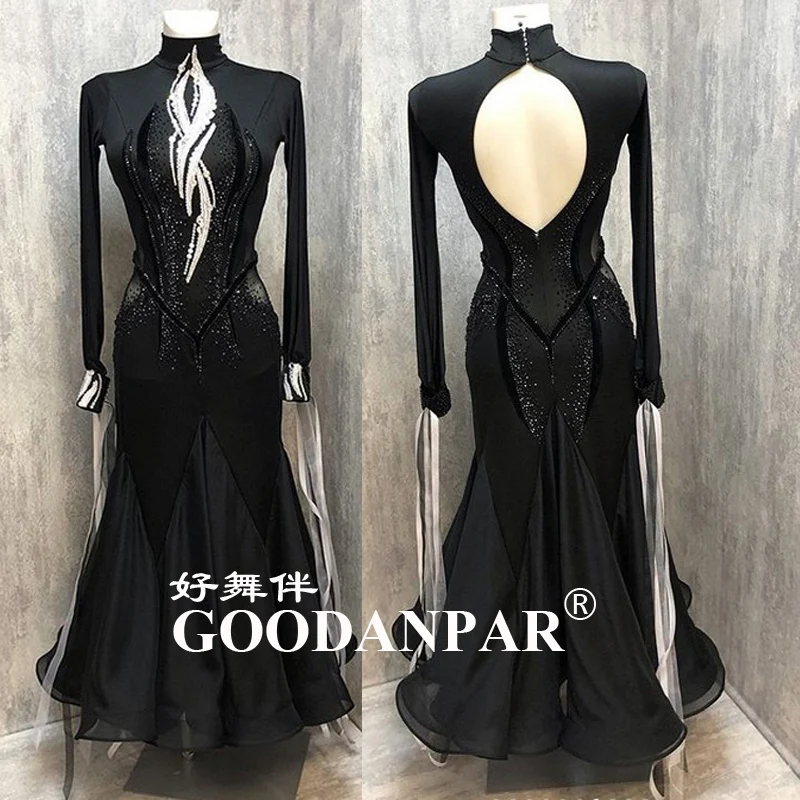 Новое платье для бальных танцев новейший дизайн женское современное платье для танго вальса/стандартный длинный рукав высокая шея одежда для вечеринок черный