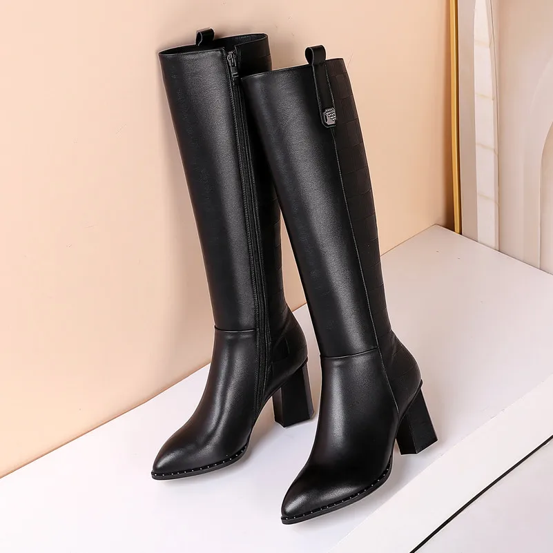 Najtaniej Meotina zimowe buty do kolan kobiety naturalne prawdziwej skóry gruby wysoki obcas buty jeździeckie Zip Pointed buty z palcami pani jesień 34 42