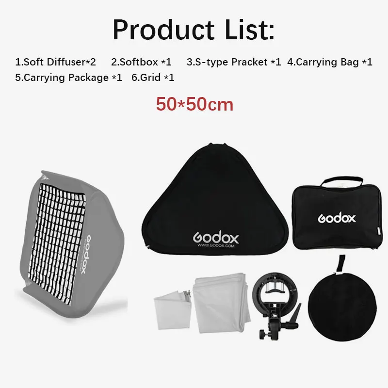 50cm S type Grid GODOX 40x40/50x50/60x60/80x80 см софтбокс с сеткой типа S кронштейн стабильный Bowens держатель для вспышки складной софтбокс комплект - Цвет: 50cm S type Grid