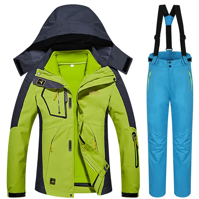 Зимние-30 градусов лыжные костюмы для женщин, для улицы, для снега, сноуборда, лыжные куртки и штаны, женские теплые водонепроницаемые комплекты одежды 3 в 1 - Цвет: Green Sky blue