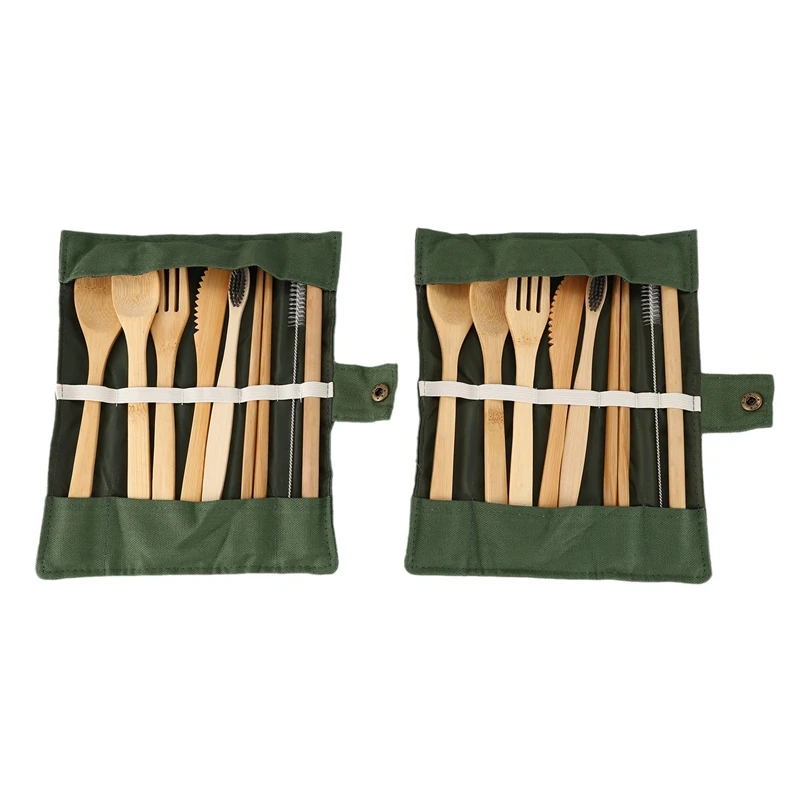 2 упаковки бамбуковой посуды с бонусом 2 бамбуковые зубные щетки бамбуковая соломенная Ложка Вилка Нож чайная ложка палочки для еды щетка и 2 зеленых