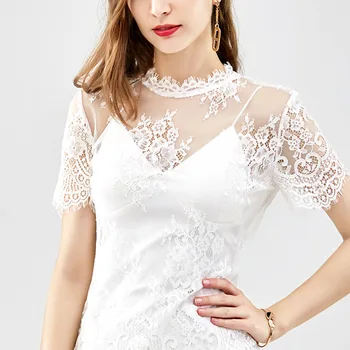 

2020 women Black Hollow Lace Blouse Women's 2019 Summer Transparent Tops Women's Wear Sexy Perspective Short Sleeve