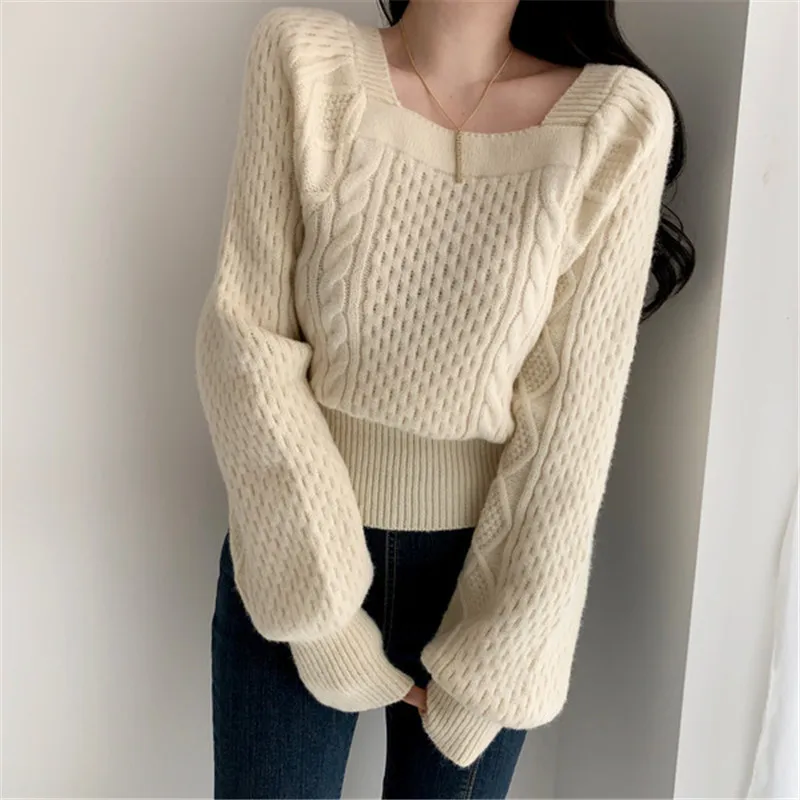 

Women Sweater 2020 Autumn Winter Square Collar Knitted Gentle Sweet Elegant High Quality Loose All-Match Casual Sweater Knitwear