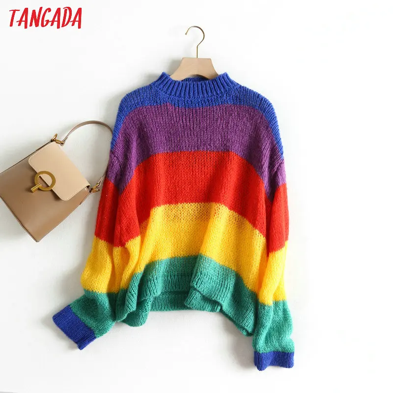 Tangada, Женский шикарный Радужный полосатый свитер, свободный, длинный рукав, модный, корейский, осенний, негабаритный свитер, пуловеры для женщин, BC26