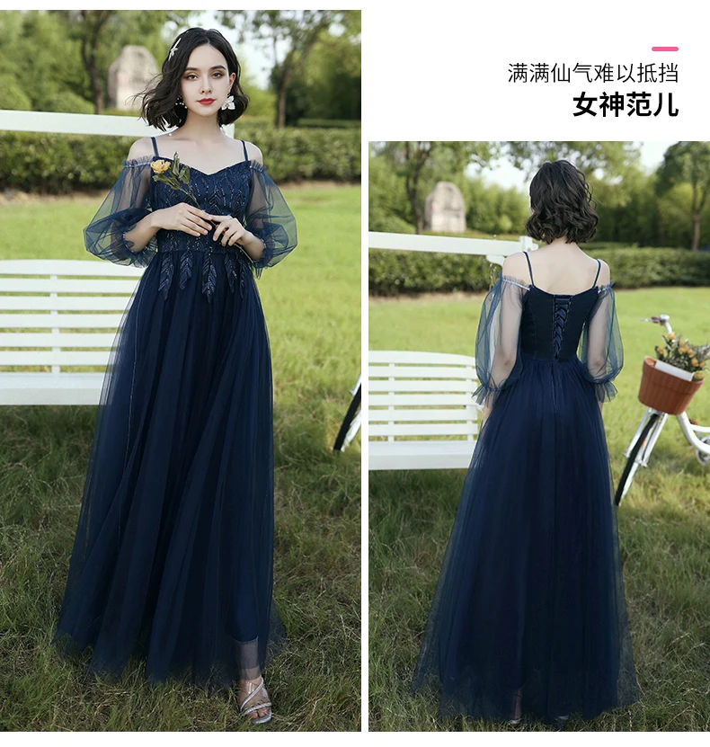 Beauty Navy Blue Bridesmaid Dresses Long Women Wedding Event Party Prom Dresses Lace Up A-Line