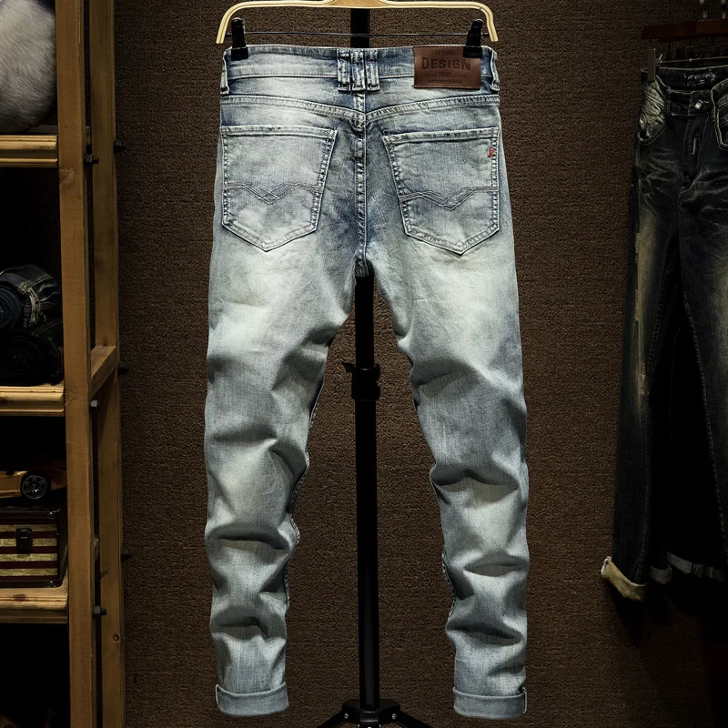 Flash Sale Italian Style Fashion Men Jeans Retro Light Blue Slim Fit Vintage Designer Ripped Jeans Men Pants Streetwear Hip Hop Jeans Homme