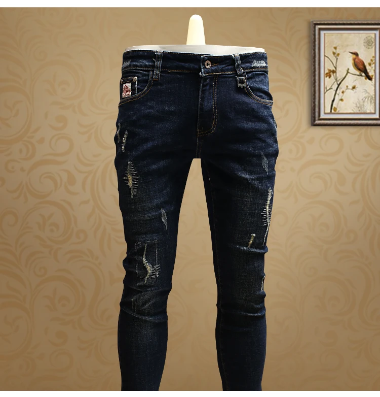 Fashion Skinny Ripped Blue Jeans Men Quality Cotton Streetwear Slim Fit Straight Stretch Denim Pants