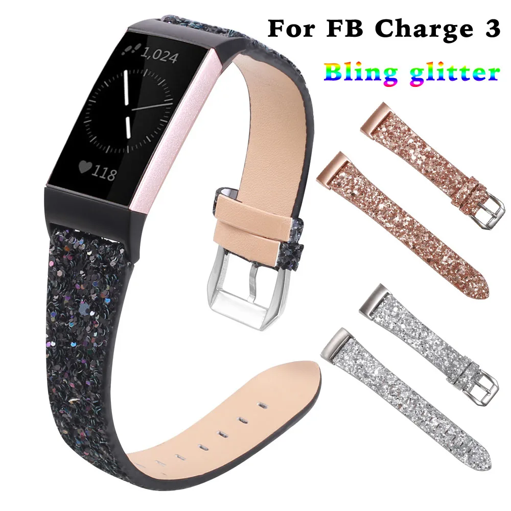 Блестящий ремешок для часов из натуральной кожи для Fitbit Charge 3, умный Браслет, сменный ремешок, шикарный ремешок для часов Charge3, Рождественский ремешок на запястье