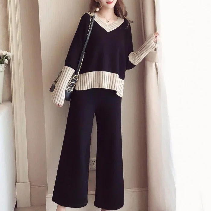 Осенний Элегантный женский комплект из 2 предметов с v-образным вырезом и длинным рукавом, цветной комбинированный вязаный свитер+ широкие штаны, Одежда для беременных