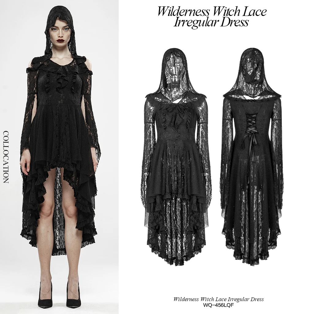 PUNK RAVE Women's Gothic Wilderness Witch Lace Irregular Long Sleeve Dress Gorgeous Dark Mesh Sexy Hooded Dress 2 Colors