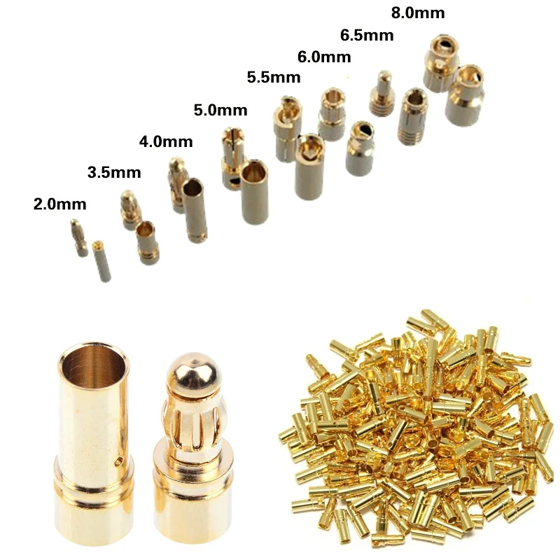 100pair Banana Plug 2mm 3mm 3.5mm 4mm Bullet Female Male Connectors 5mm 5.5mm 6mm 6.5mm 8mm Gold Plated Copper RC Parts Head