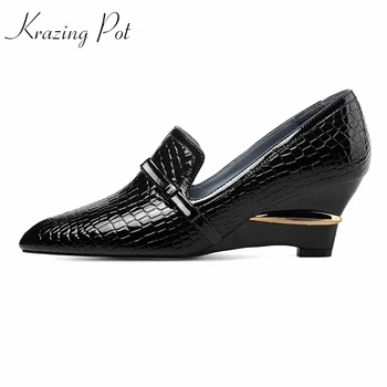 

Krazing pot basic style cow leather pointed toe wedges high heels metal decoration bowtie fasteners Spring nightclub pumps l19