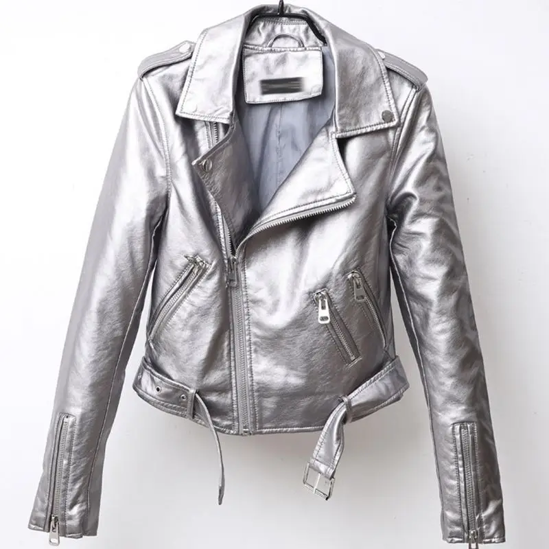 Metallic Leather Jacket Woman Motorcycle Short Jacket Lapel Asymmtrical Zipper Coat Punk Streetwear