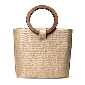 

New European and American beach women's big bag made of solid wood handbag wild one-shoulder diagonal straw bag