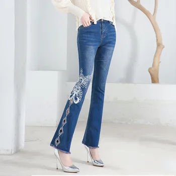 

Plus Size High Waist Embroidered Hollow Out Stretch Denim Skinny Bell Bottom Jeans for Women