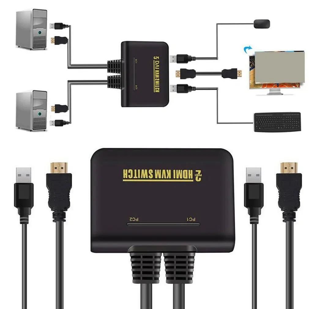 Практичный мини HDMI KVM переключатель 2 порта с кабелями для клавиатуры мышь монитор обмен высокая производительность