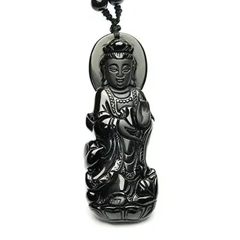 

LETSFUN Fine Jewelry Hand Carved Natural Genuine Obsidian Kwan-yin Goddess Bodhisattva Buddha Pendant Necklace Free Shipping