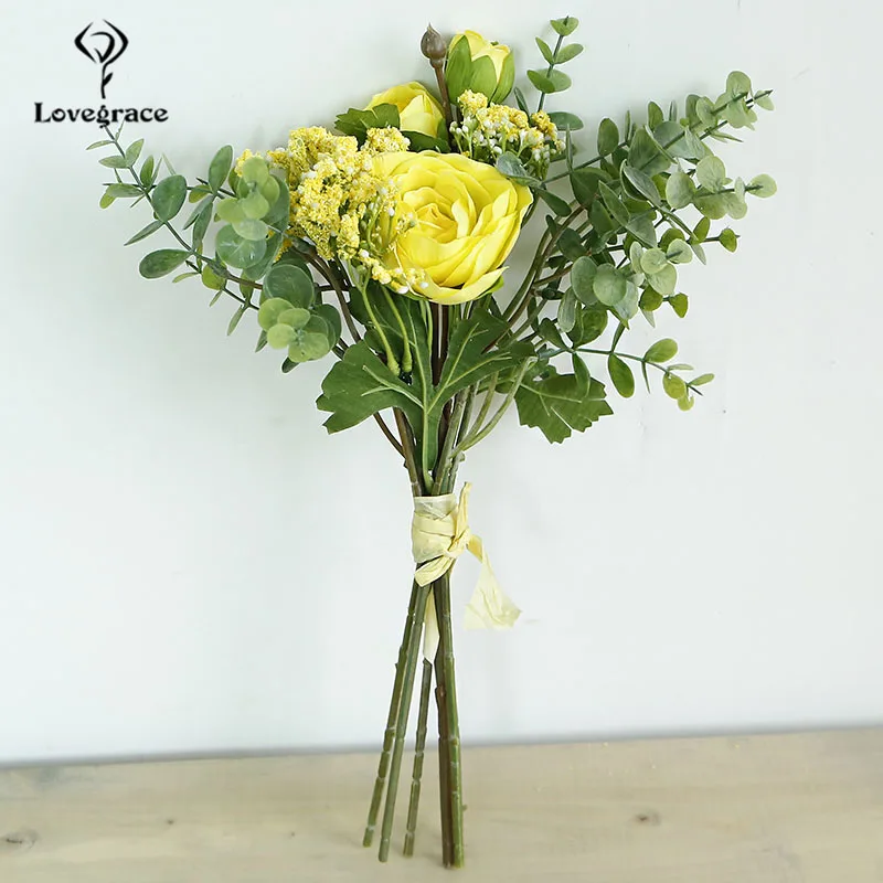 yellow Lovegrace цветок букет невесты Свадебный букет Искусственный шелк цветок лотоса лист эвкалипта белый ребенок дыхание домашний декор - Цвет: yellow