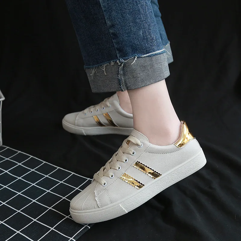 

QWEDF Women Sneakers Fashion Breathble Vulcanized Shoes Pu leather Platform Lace up Casual White Shell head Black D1-60