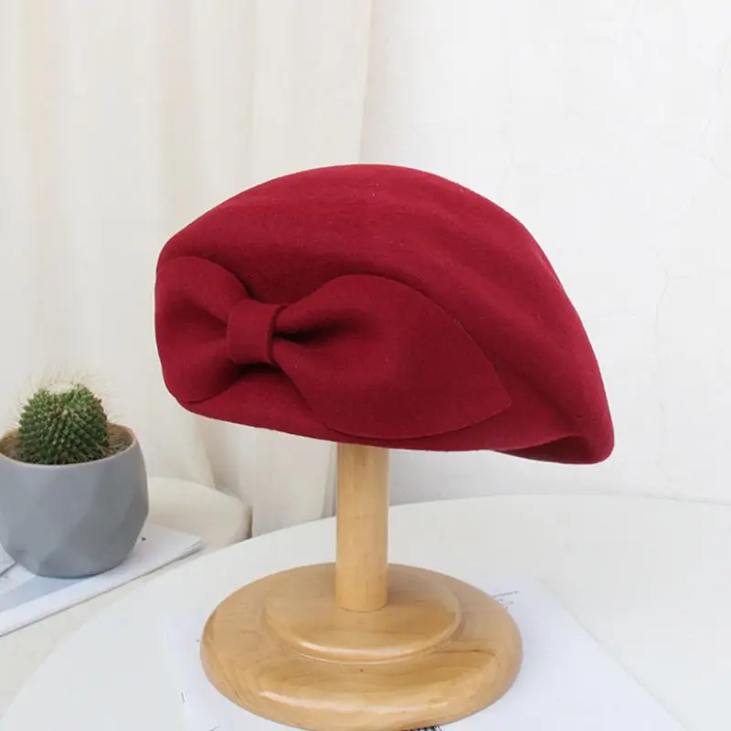 Корейский женский осенне-зимний берет из искусственной шерсти, Кепка с милыми заячьими ушками и бантом, украшенная элегантная однотонная шляпа для коктейля, выпускного, свадьбы