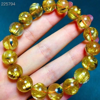 

Certificate Natural Gold Rutilated Quartz Bracelet Crystal Woman 11.5mm Titanium Clear Round Beads AAAAA