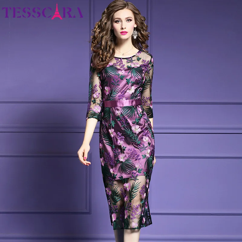 Purple TESSCARA Для женщин Летняя Элегантная вышивка Сетчатое платье Festa женский высокое качество дизайнерские узкие вечерние кружевные платья Robe Femme - Цвет: Purple