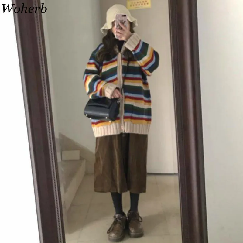 Woherb корейский v-образный вырез однобортный вязаный кардиган для женщин Harajuku радужные полоски свитера винтажные свободные уличные Pull Femme