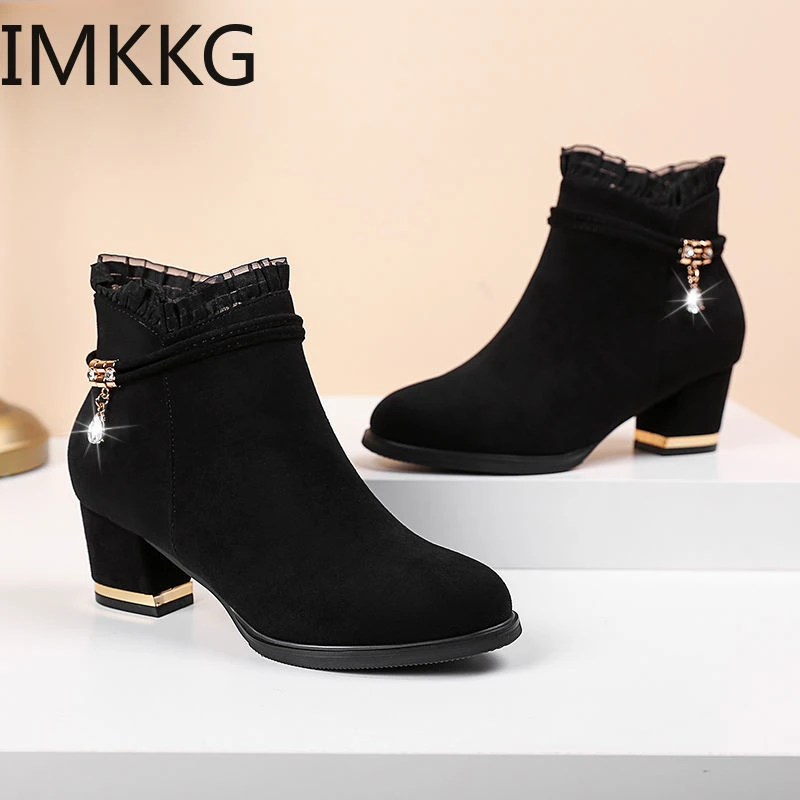 2020 new Elegant Ankle Boots Women's Lace Short Boot Lady Fashion Evening Party High Heel Shoes Suede Botas Classic Black