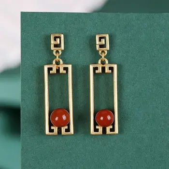 

sterling silver inlaid natural south red agate earrings Chinese style retro rectangular geometry unique women's brand jewelry