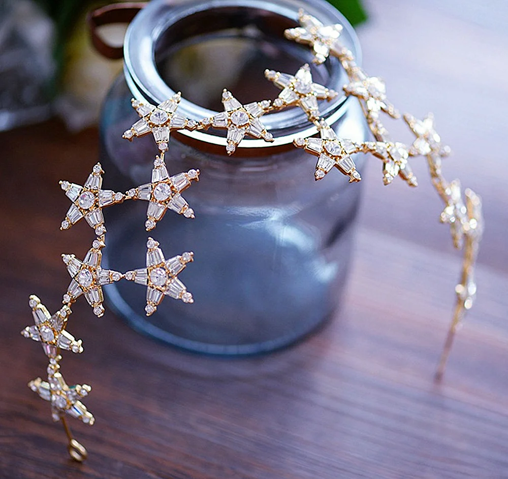 Корона невесты с золотыми звездами диадема Тиары и короны свадебные аксессуары