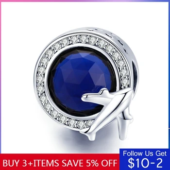 

CodeMonkey Real 925 Sterling Silver Round Global Plane Charms Blue CZ Beads fit Women Bracelets Necklaces DIY Jewelry Making 895
