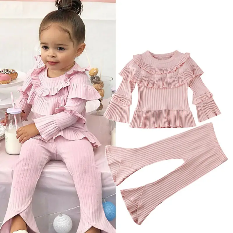 

Newborn Baby Girls Winter Outfits sweet pink suit long sleeve Ruffle tee Tops bell bottom Pants Flared trousers Clothes Set