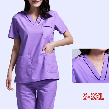 

Men's Scrubs Set Pure Cotton Doctor Clothing Classic V-neck Nursing Uniform Short Sleeve Shirt with Side Vent