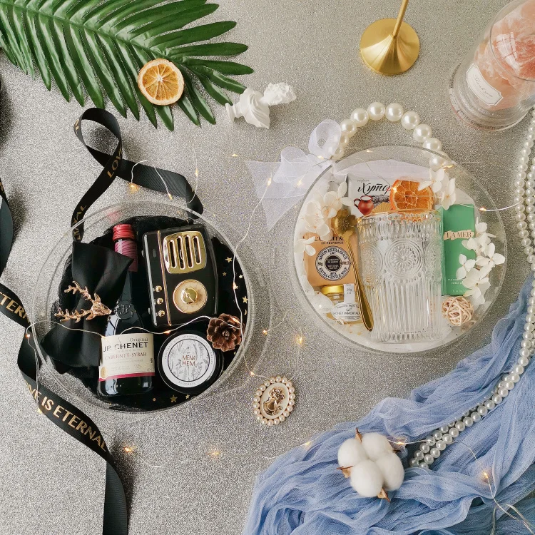 

Round Acrylic Gift Box with Ribbon Rose Bouquet Surprise Box Craft DIY Present Souvenir transparent Gift Wrapping Box