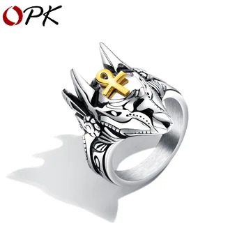 

OPK Domineering Creative Anubis Egyptian Cross Ring Titanium Steel Men's Punk Ring Handwear