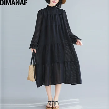 

DIMANAF Plus Size Women Dress Long Sleeve Spliced Fashion Lady Elegant Vestidos Pleated Loose Spring Cotton Dress Female Clothes