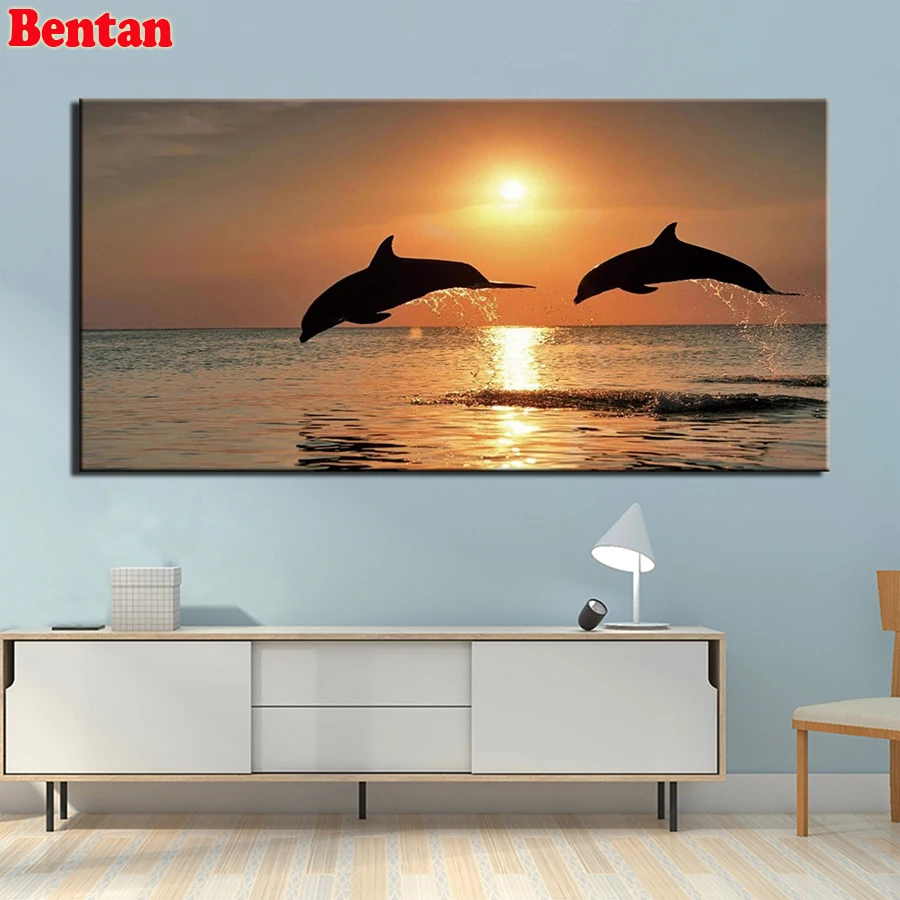 Dolphins Jumping In The Ocean - 5D Diamond Painting - DiamondByNumbers -  Diamond Painting art